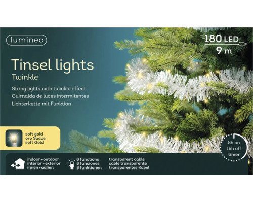 Lumineo Logo, ljusslinga med 180 LED i mjukt guld, 9 meter lång, 8 funktioner, timer, för inomhus och utomhus, genomskinlig kabel.