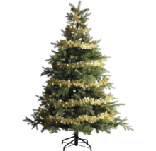 Konstgjord julgran med guldglitter och LED-belysning på ett svart metallstativ.