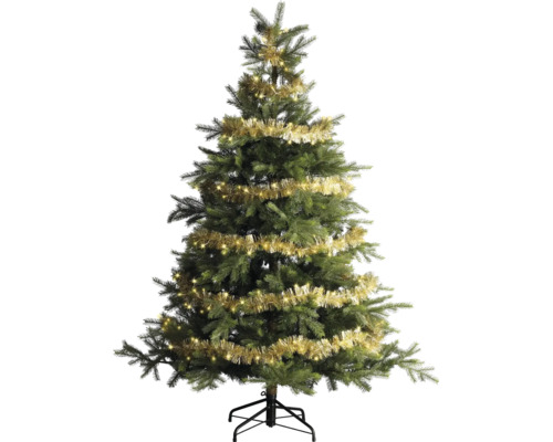 Konstgjord julgran med guldglitter och LED-belysning på ett svart metallstativ.