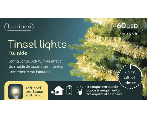 Lumineo Logo, glitterljusslinga med 60 LED-lampor i mjukt guld, 3 meter lång, med timer och batteridrift.