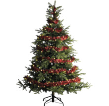 Konstgjord julgran med integrerad LED-belysning, rött glitter och stabil metallfot.