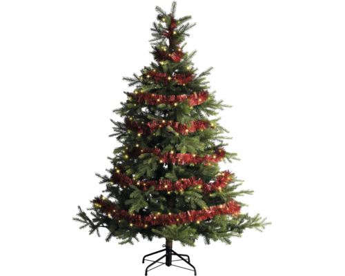 Konstgjord julgran med integrerad LED-belysning, rött glitter och stabil metallfot.