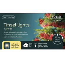 Lumineo LED-ljusslinga Twinkle, 60 LED-lampor i mjukt guld, 3 meter, grön kabel, timerfunktion och batteridriven.