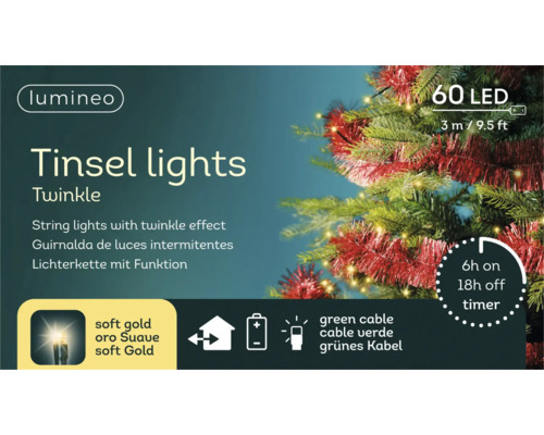 Lumineo LED-ljusslinga Twinkle, 60 LED-lampor i mjukt guld, 3 meter, grön kabel, timerfunktion och batteridriven.