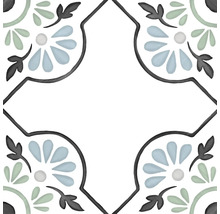 Kvadratisk klinker med floralt ornament i medelhavsstil, stiliserade blad och blommor.