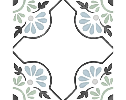 Kvadratisk klinker med floralt ornament i medelhavsstil, stiliserade blad och blommor.