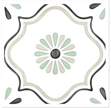 Kvadratisk dekorativ klinker med ett centralt blommotiv, vågig bård och droppmönster i hörnen.