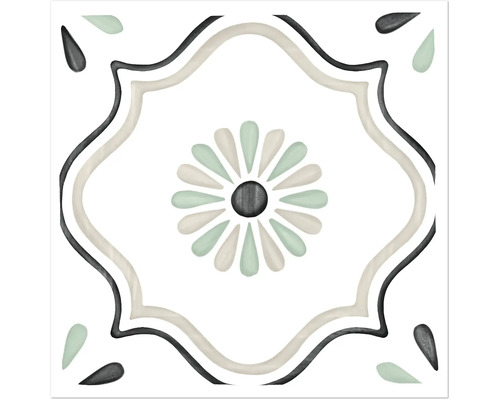 Kvadratisk dekorativ klinker med ett centralt blommotiv, vågig bård och droppmönster i hörnen.