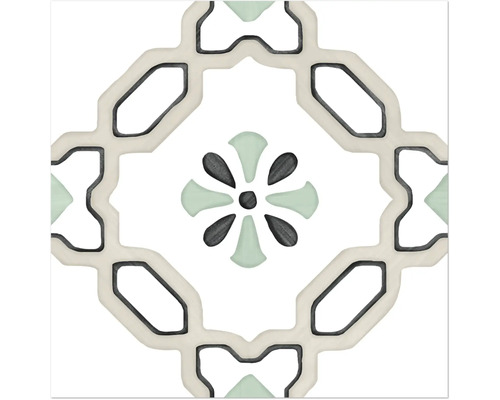 Kvadratisk klinkerplatta med geometriskt mönster och centralt blommotiv i grönt och grått.