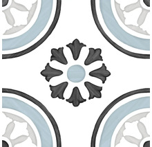 Kvadratisk golvplatta med retro-ornamentmönster, ett centralt blommotiv och cirkelformade hörnmotiv.