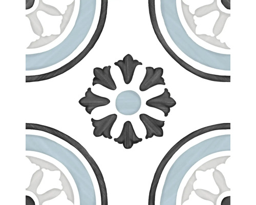 Kvadratisk golvplatta med retro-ornamentmönster, ett centralt blommotiv och cirkelformade hörnmotiv.