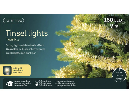 Lumineo LED-ljusslinga Twinkle med glitter, 180 lysdioder, 9 meter lång, inomhus och utomhus, 8 funktioner, timer och transparent kabel.