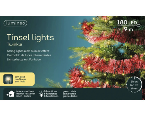 Ljusslinga Lumineo Tinsel lights Twinkle, 180 LED, 9 meter lång, 8 funktioner, timer, för inomhus- och utomhusbruk.