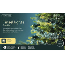 Lumineo ljusslinga Tinsel lights Twinkle, 180 lampor, soft gold, 9 meter, 8 funktioner, timer, för inomhus- och utomhusbruk, på en julgran.