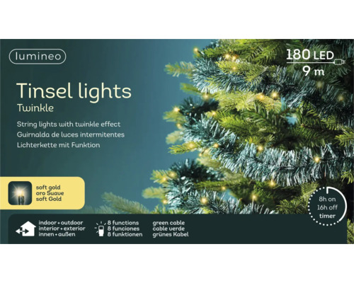Lumineo ljusslinga Tinsel lights Twinkle, 180 lampor, soft gold, 9 meter, 8 funktioner, timer, för inomhus- och utomhusbruk, på en julgran.