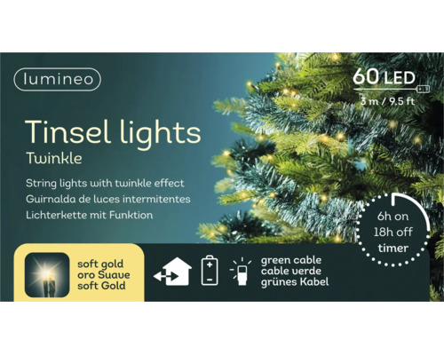 Lumineo LED-ljusslinga Tinsel lights Twinkle med 60 lysdioder, 3 meter lång, batteridriven, med timerfunktion och grön kabel.