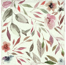 Kvadratisk dekorplatta med blommönster av blad och blommor i akvarellstil med fin krackeleringsyta.