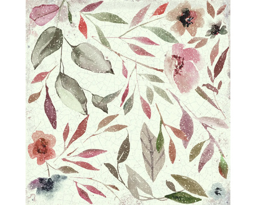 Kvadratisk dekorplatta med blommönster av blad och blommor i akvarellstil med fin krackeleringsyta.