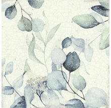 Väggplatta med botaniskt mönster av eukalyptusblad och vintage krackeleringseffekt i gröna och grå toner.