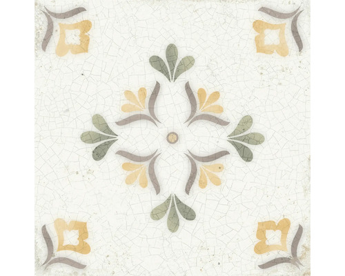 Kvadratisk keramikplatta i vintagestil med blommönster och krackelerad yta.