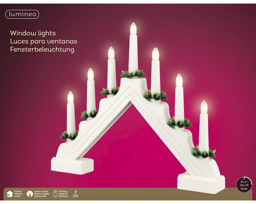 Lumineo LED elljusstake med 7 ljus, vit, varmvitt sken, för inomhusbruk, batteridriven och 6-timmars timer.