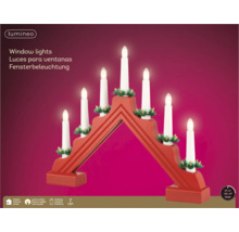 Röd LED-adventsljusstake i trä med 7 ljus, varmvitt ljus, batteridriven och timer, för inomhusbruk.
