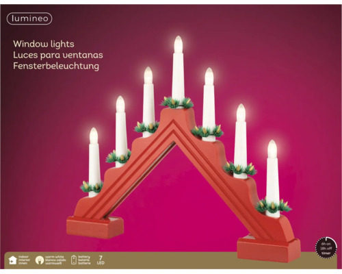 Röd LED-adventsljusstake i trä med 7 ljus, varmvitt ljus, batteridriven och timer, för inomhusbruk.