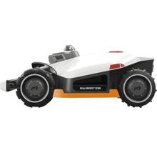 Mammotion robotgräsklippare med fyrhjulsdrift och mönstrade däck för utmanande terräng.