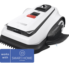 Robotgräsklippare med kanttrimmer och kamerasensor, SMART HOME by hornbach Logo.
