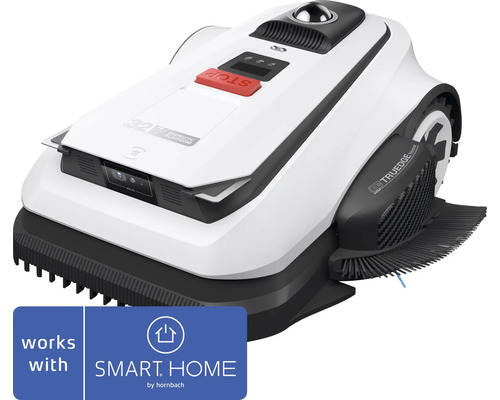Robotgräsklippare med kanttrimmer och kamerasensor, SMART HOME by hornbach Logo.