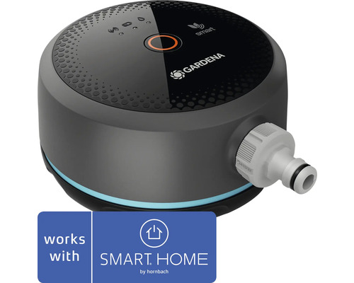 Gardena smart Water Control för bevattningsstyrning i trädgården med Gardena Logo och Smart Home by Hornbach Logo.
