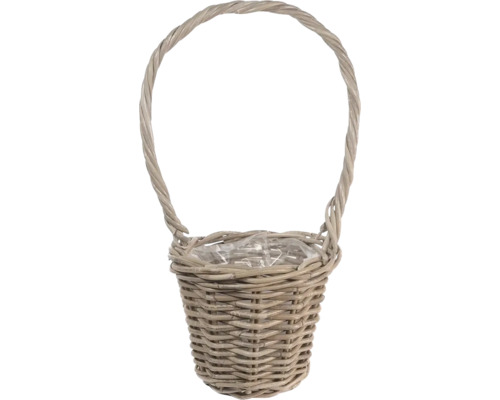Flätad växtkorg av vide med högt handtag och plastinsats.