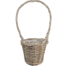 Flätad växtkorg av vide med högt handtag och plastinsats.