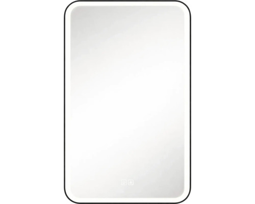 Rektangulär LED-badrumsspegel med rundade hörn, svart ram och peksensorer.