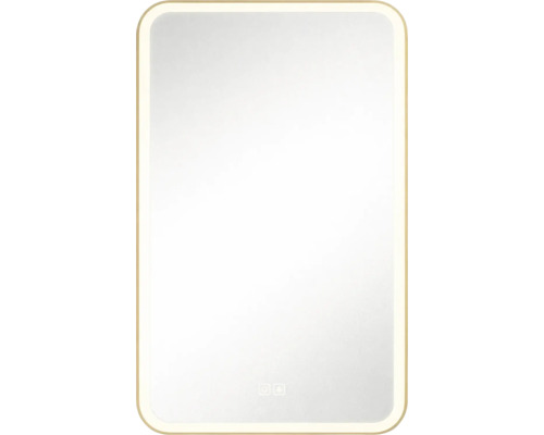 Rektangulär badrumsspegel med LED-belysning, rundade hörn, integrerad belysning och två touch-knappar.