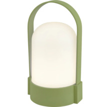Bärbar LED-bordslampa med grön bas och bärhandtag.