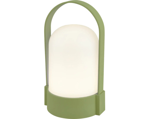 Bärbar LED-bordslampa med grön bas och bärhandtag.