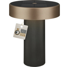 Modern solcells-bordslampa med räfflad fot, platt rund skärm, integrerad solpanel och German Design Award Winner 2026.