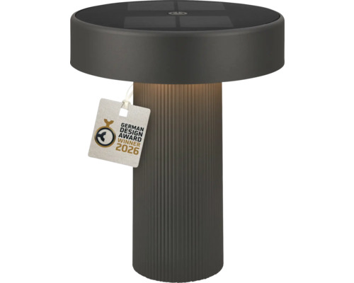 Modern solcells bordslampa i antracit med räfflad fot och utmärkelsen German Design Award Winner 2026.