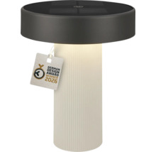 Cylindrisk solcellsbordslampa med räfflad vit bas och mörk ovandel, sigill German Design Award Winner 2026.