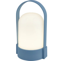 Bärbar LED-bordslampa med blått handtag och fot samt vit matt plastskärm.