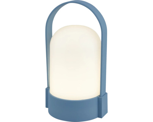 Bärbar LED-bordslampa med blått handtag och fot samt vit matt plastskärm.