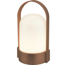 Bärbar LED-bordslampa med brunt handtag och vit plastskärm för utomhusbruk.
