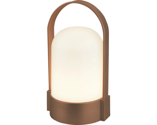 Bärbar LED-bordslampa med brunt handtag och vit plastskärm för utomhusbruk.