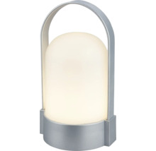 Bärbar LED-bordslampa med vit plastdiffusor och silverfärgat metallhandtag.