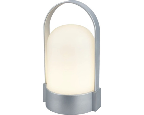 Bärbar LED-bordslampa med vit plastdiffusor och silverfärgat metallhandtag.