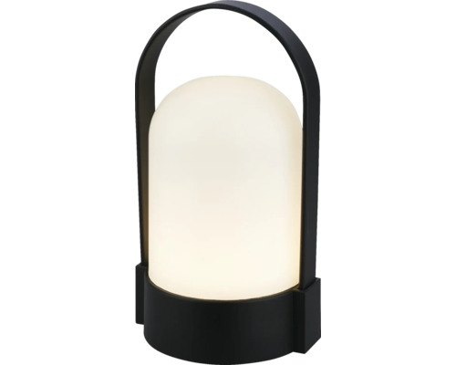 Modern bärbar bordslampa med svart fot och handtag samt en vit genomskinlig kupa.