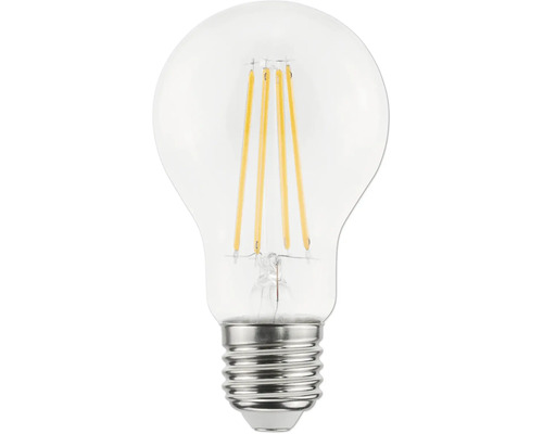 LED-filamentlampa i päronform med E27-sockel av klart glas.