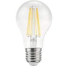 LED-filamentlampa i päronform av klart glas med E27-sockel och synliga gula glödtrådar.