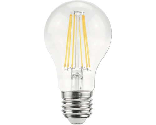 LED-filamentlampa i päronform av klart glas med E27-sockel och synliga gula glödtrådar.